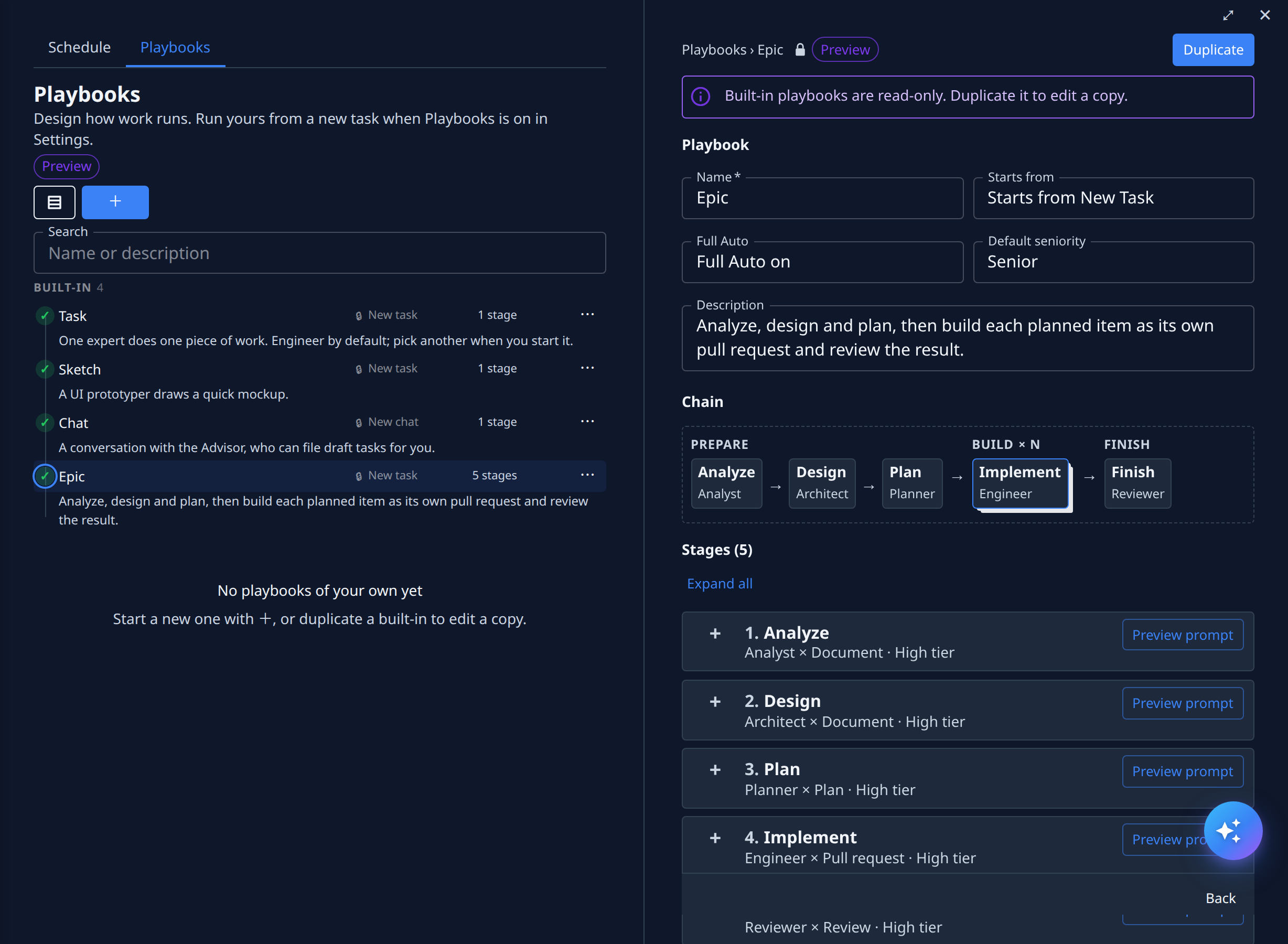 The Playbooks list with the Epic playbook open in a pane beside it