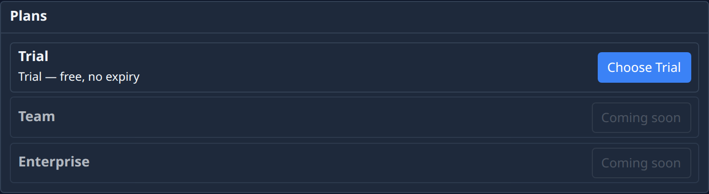 The Plans section: Trial with Choose Trial, and Team and Enterprise marked Coming soon