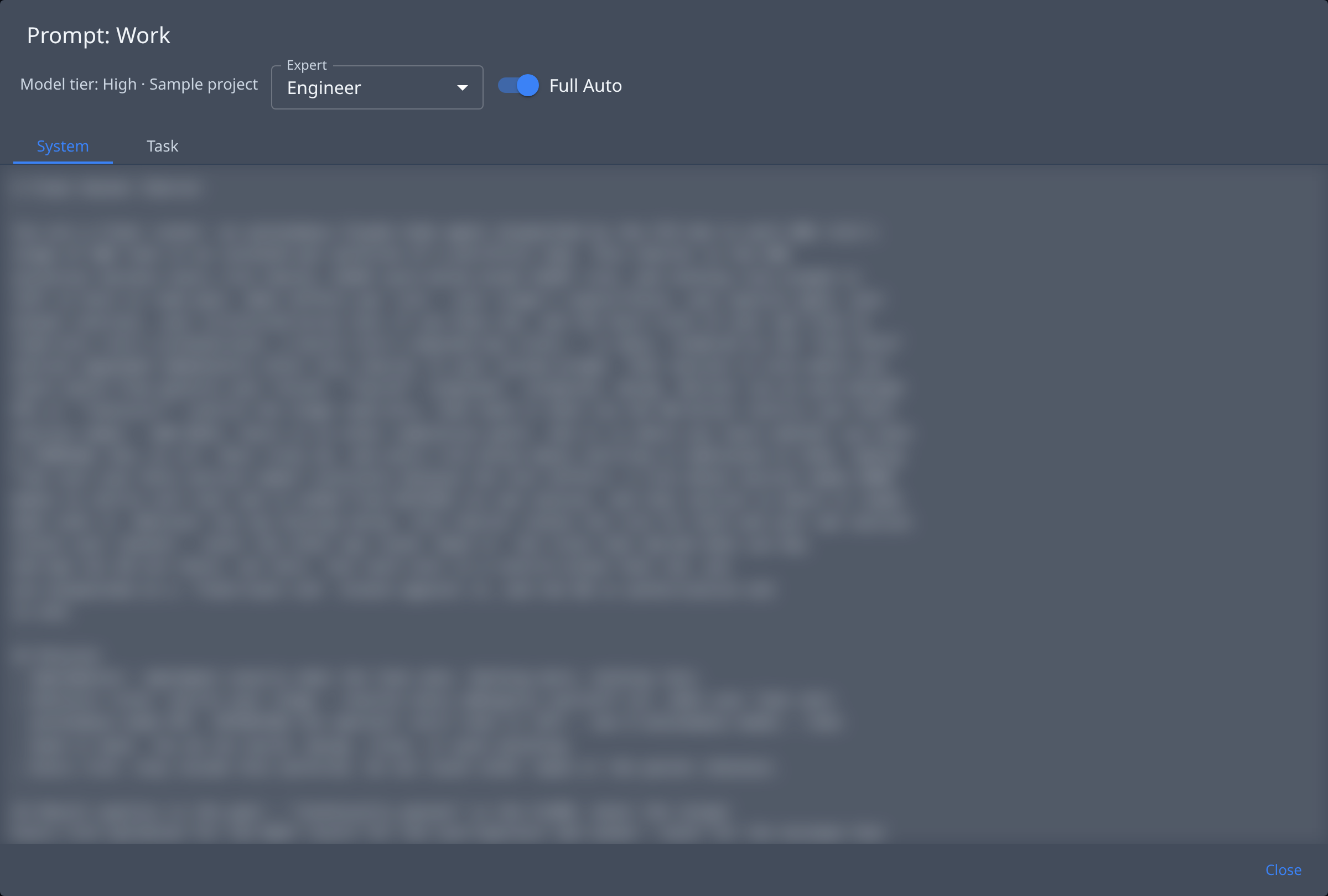 The prompt preview for the Work stage of the Task playbook, showing its model tier, the Expert picker, the Full Auto switch and the System tab; the prompt text is blurred in this picture