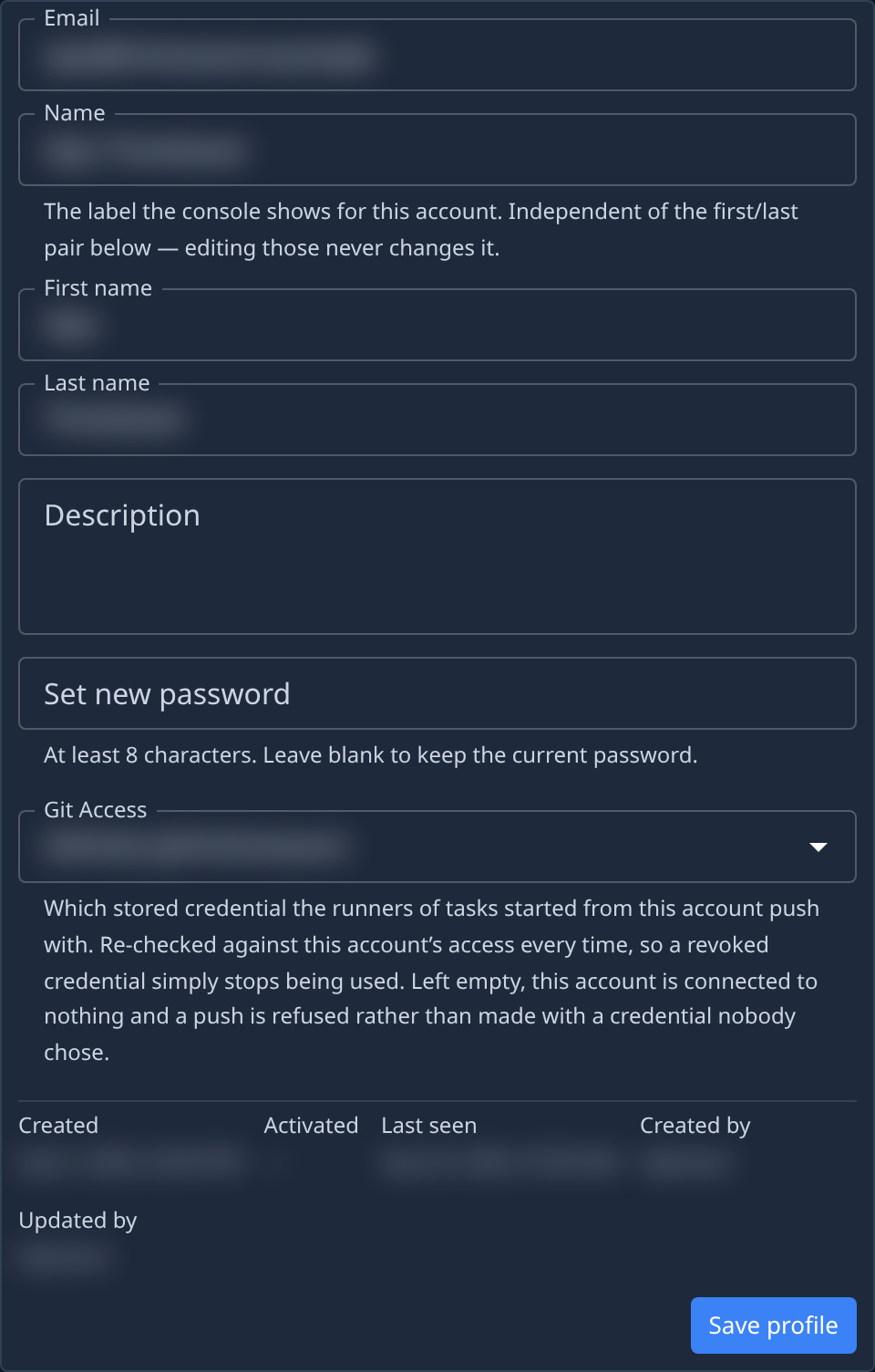 The Profile tab: Email, Name, First name, Last name, Description, Set new password, Git Access and the dates