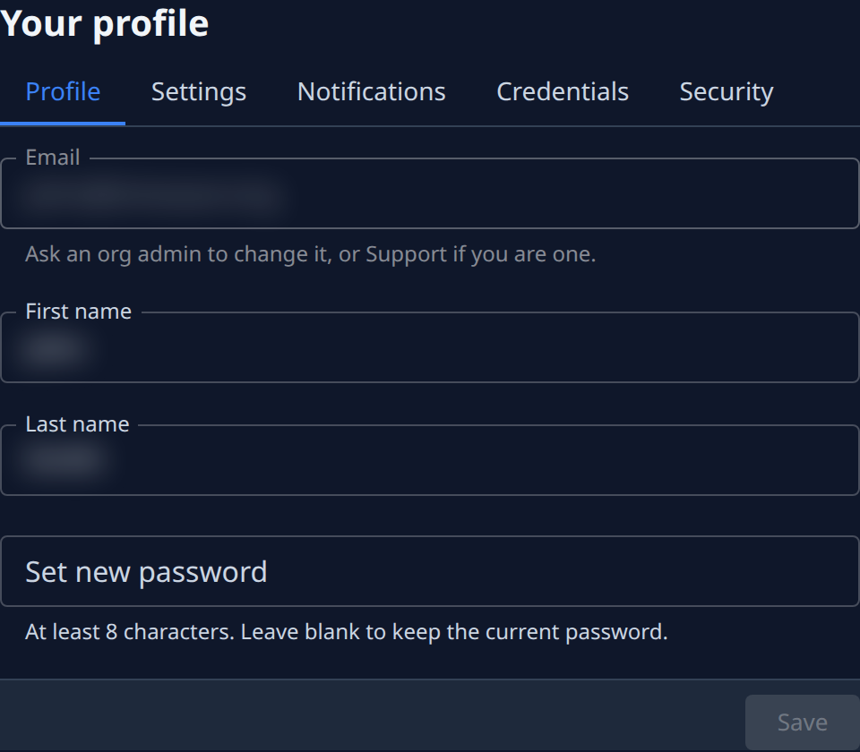 The Profile tab: Email, First name, Last name, Set new password and Save