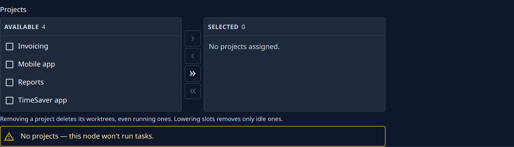 The Projects tab: four available projects, none selected, and a warning that the node won't run tasks