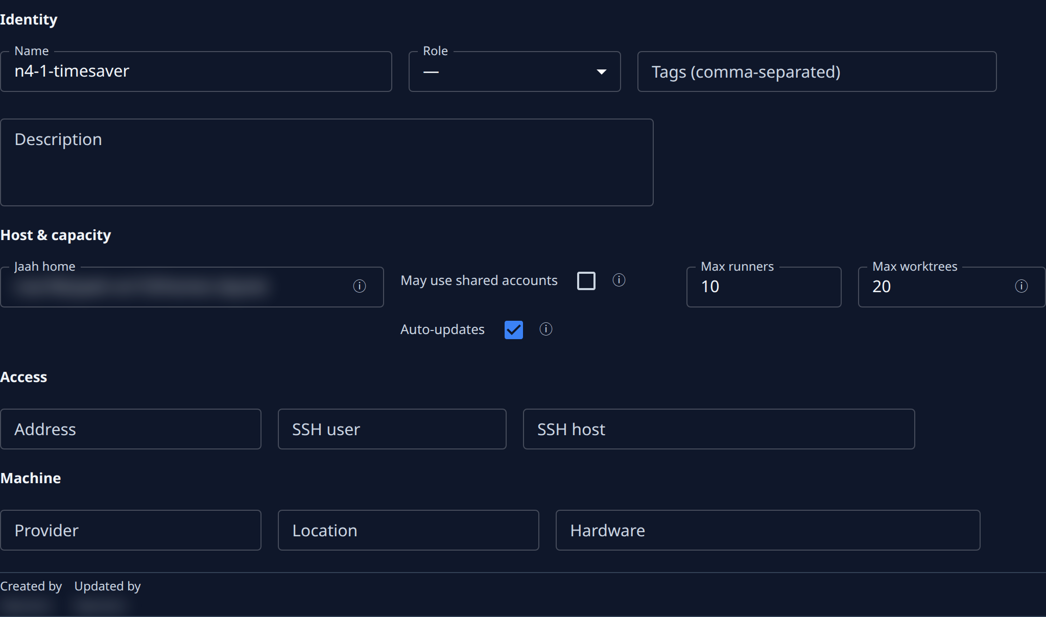 The Properties tab: Identity, Host &amp; capacity, Access and Machine fields