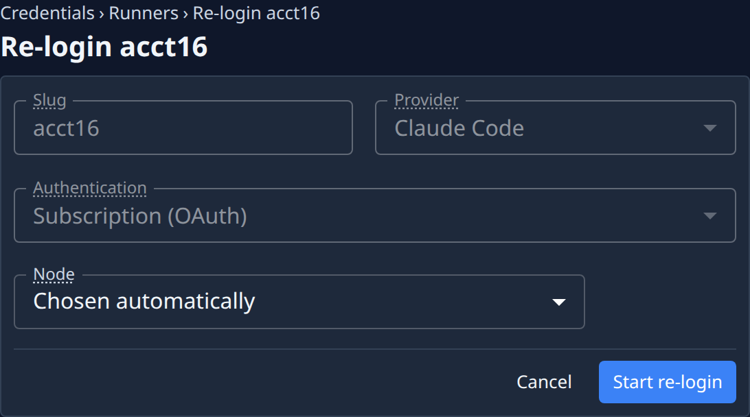The Re-login form: Slug, Provider, Authentication, Node, Cancel and Start re-login
