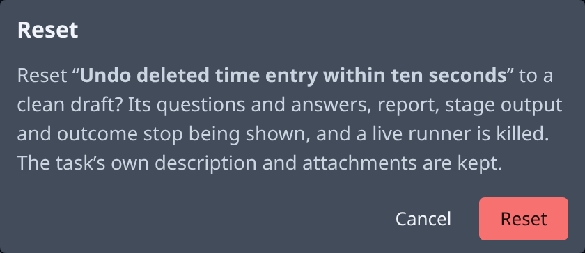 The Reset confirmation: Reset the task to a clean draft? Its questions and answers, report, stage output and outcome stop being shown, and a live runner is killed. The task's own description and attachments are kept. Cancel and Reset buttons.