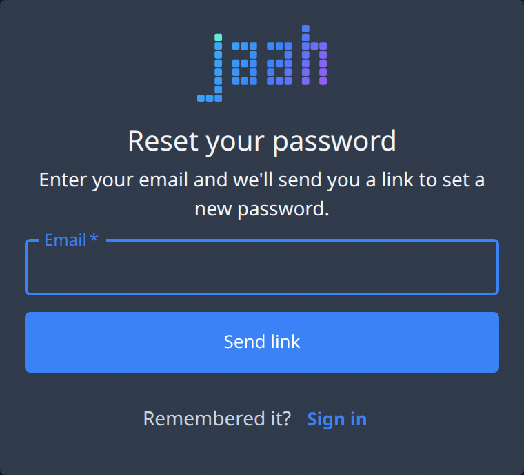 The Reset your password screen: the Email field, Send link and Sign in
