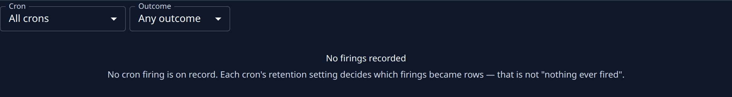 The Workflows tab: the Cron and Outcome filters, with no firings recorded yet