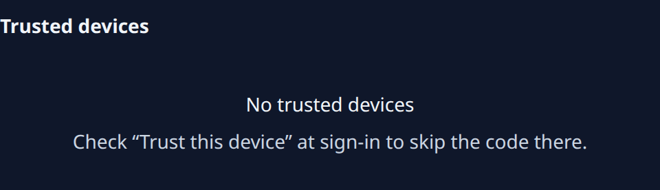 The Security tab: Trusted devices, with no trusted devices yet