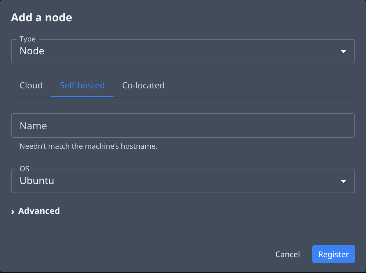 The Add a node dialog on the Self-hosted tab: Name, OS and Advanced