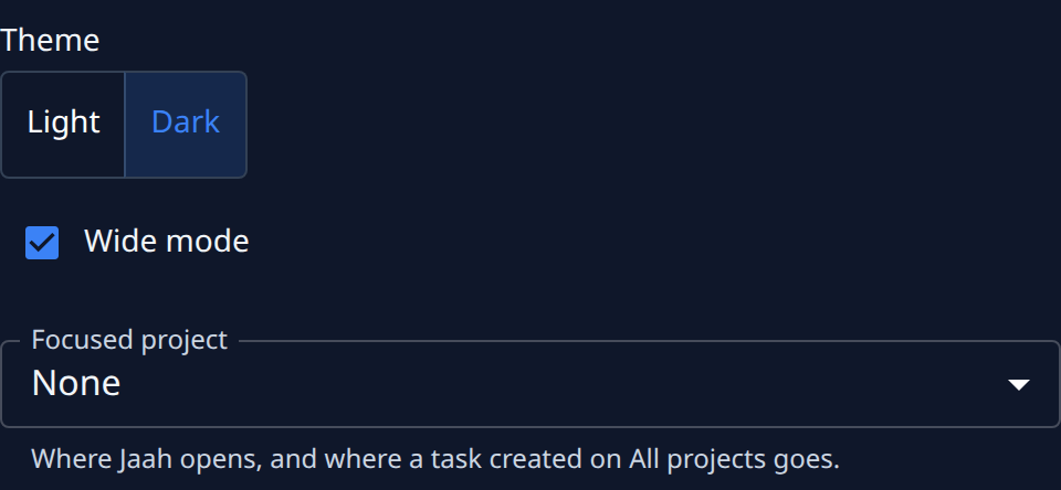 The Settings tab: Theme, Wide mode and Focused project