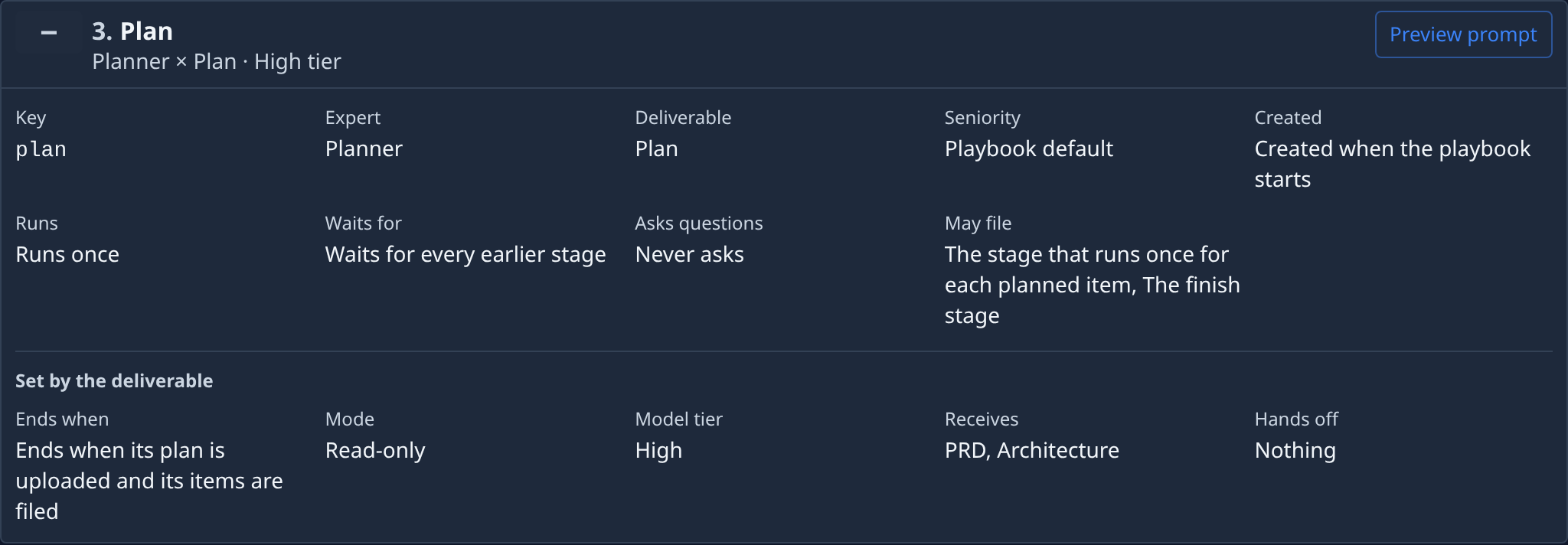 The Plan stage of the Epic playbook, open, showing its settings and the facts set by its deliverable