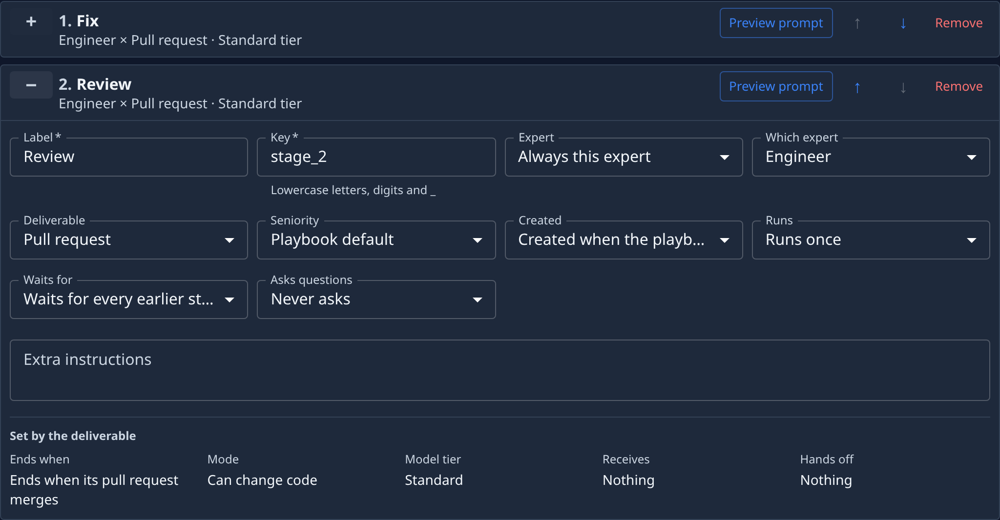 Two stages: "Fix", collapsed, and "Review", open with its fields and the facts set by its deliverable