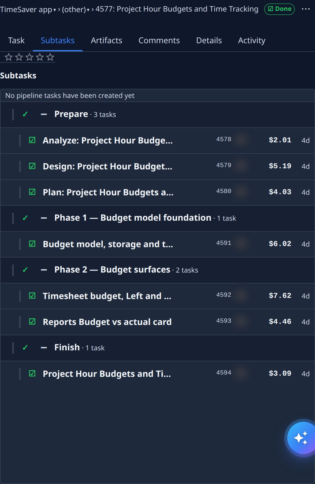 An epic's Subtasks tab: Prepare with Analyze, Design and Plan, then Phase 1 and Phase 2 with their subtasks, then Finish