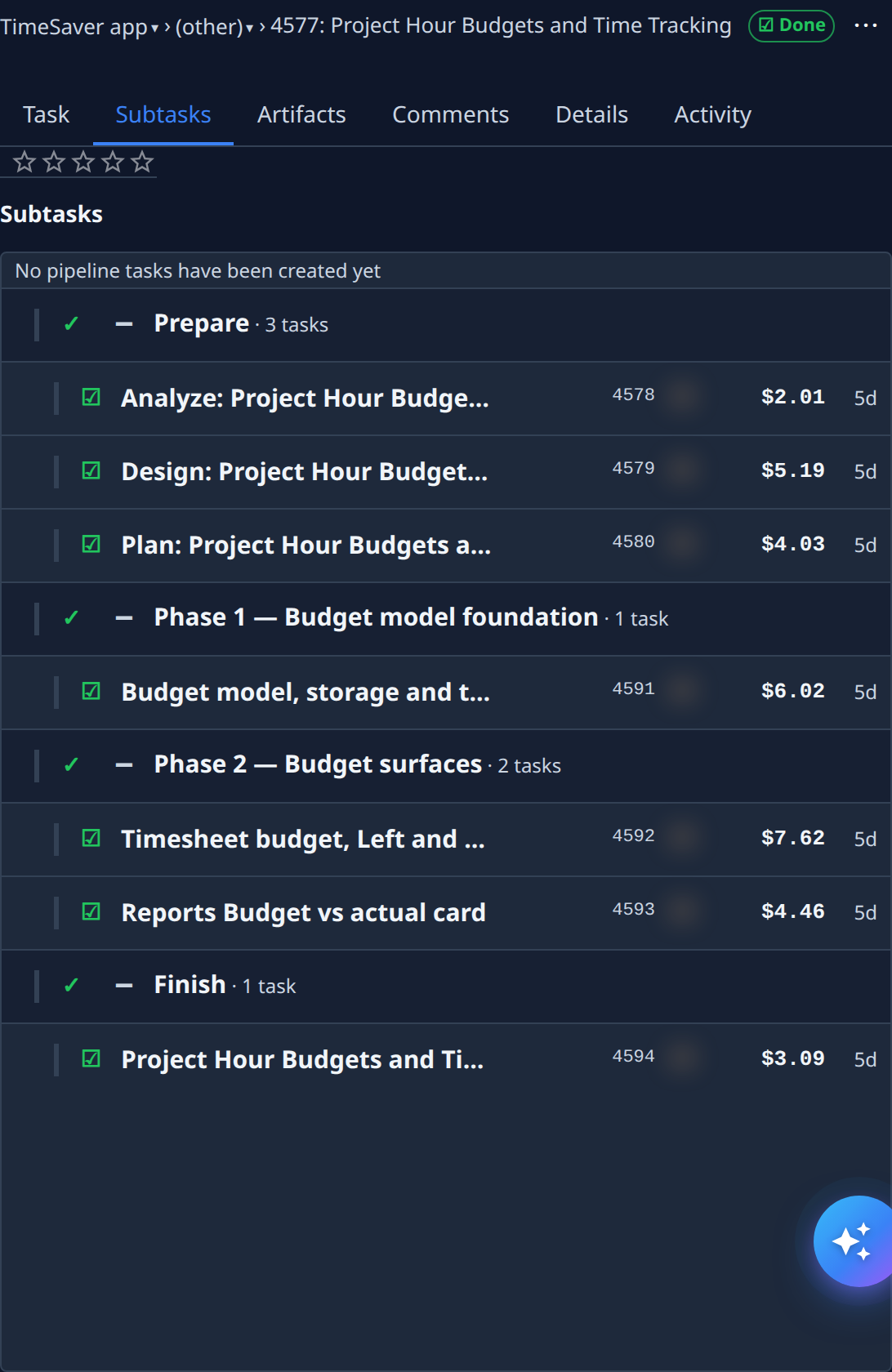 An epic's Subtasks tab: Prepare with Analyze, Design and Plan, then Phase 1 and Phase 2 with their coder subtasks, then Finish