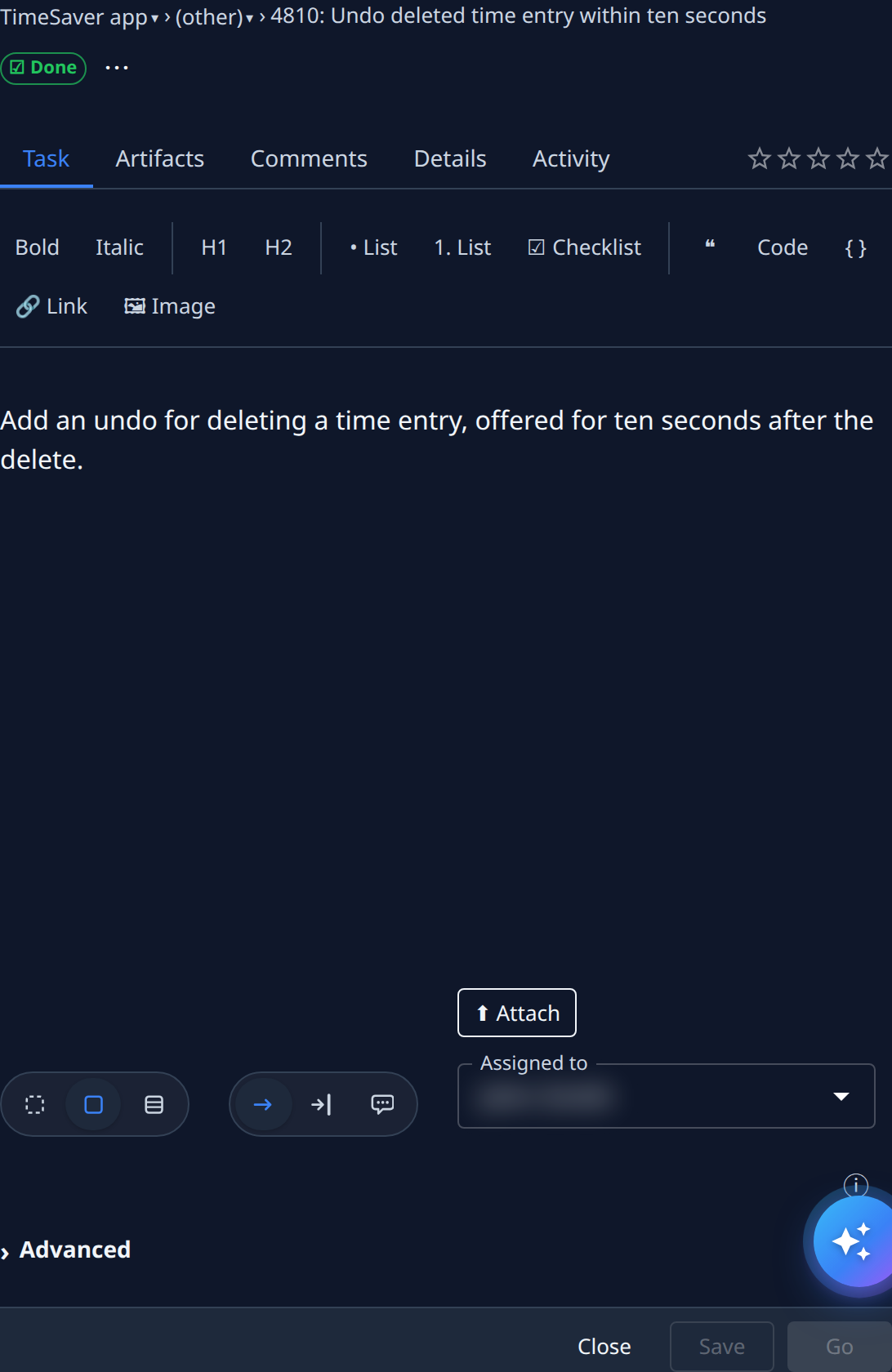 The task page for a Done task: the project and title, the Done badge and ⋯, the tabs Task, Artifacts, Comments, Details and Activity, the rating stars, and the description
