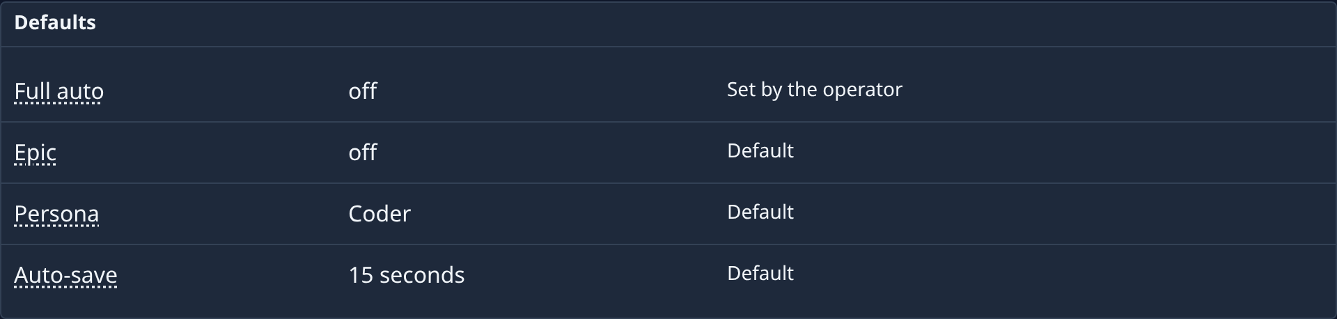 The Tasks category's Defaults section: Full auto, Epic, Persona and Auto-save, each with its value and source