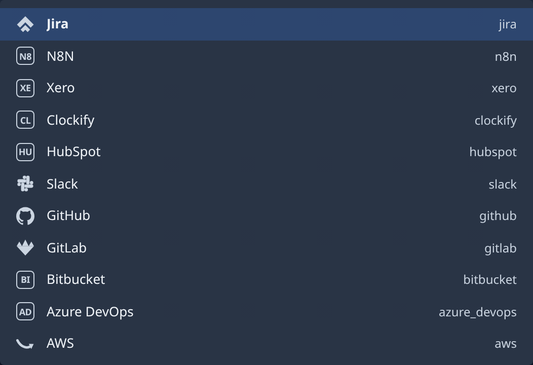 The Type list: Jira, N8N, Xero, Clockify, HubSpot, Slack, GitHub, GitLab, Bitbucket, Azure DevOps and AWS