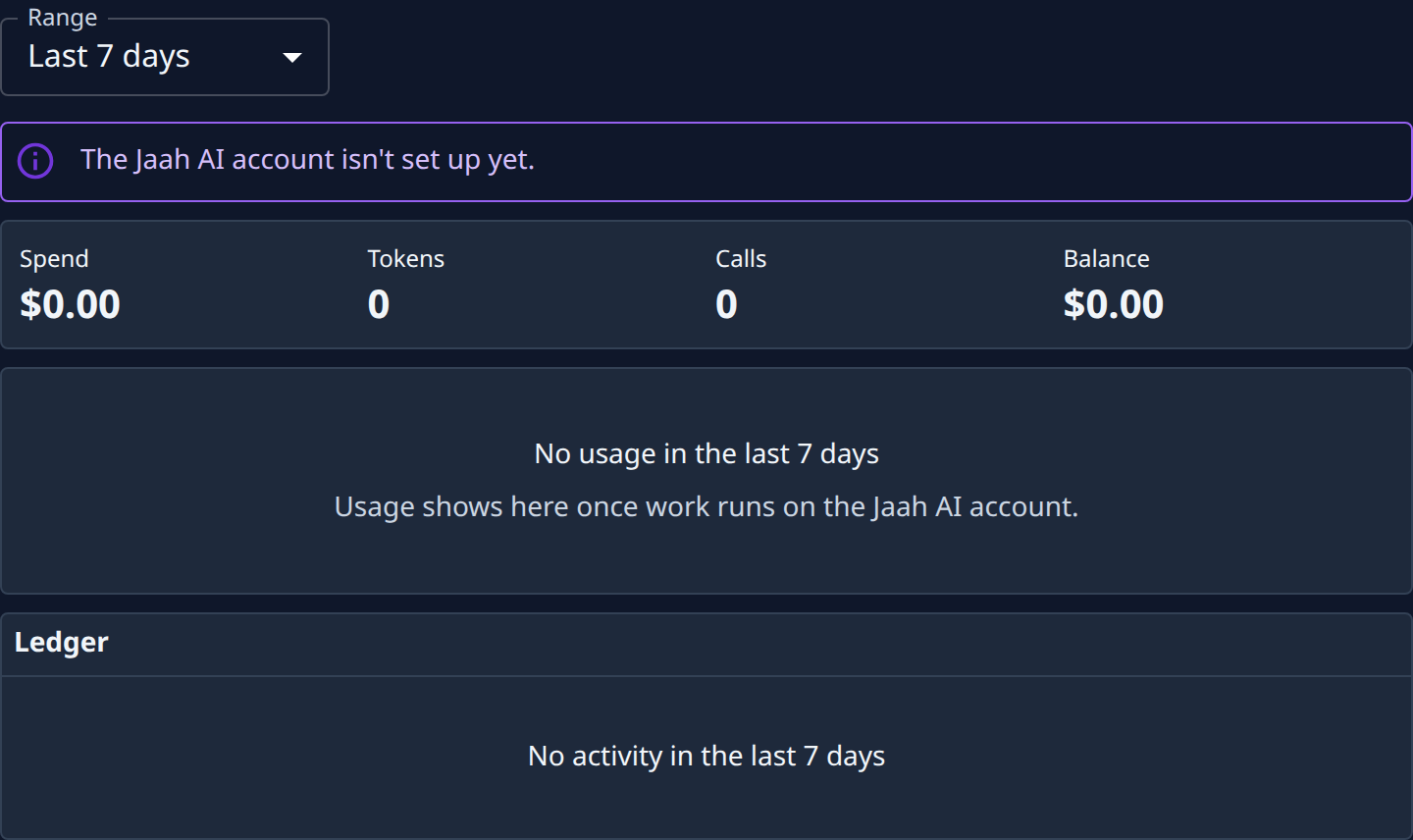 The Usage tab: the range, the totals, and the ledger