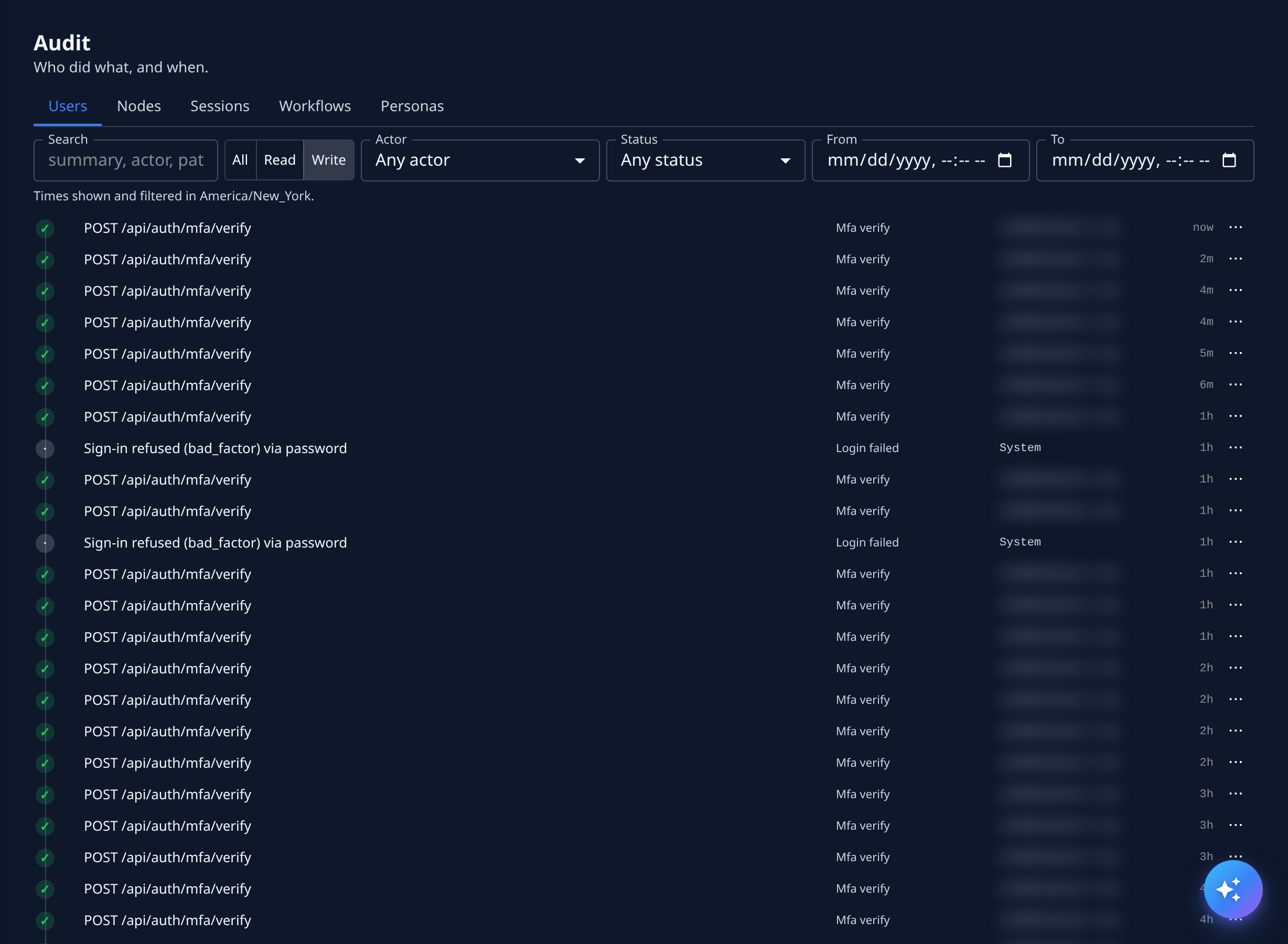 The Audit page on its Users tab: the tabs, the filters, and the activity list