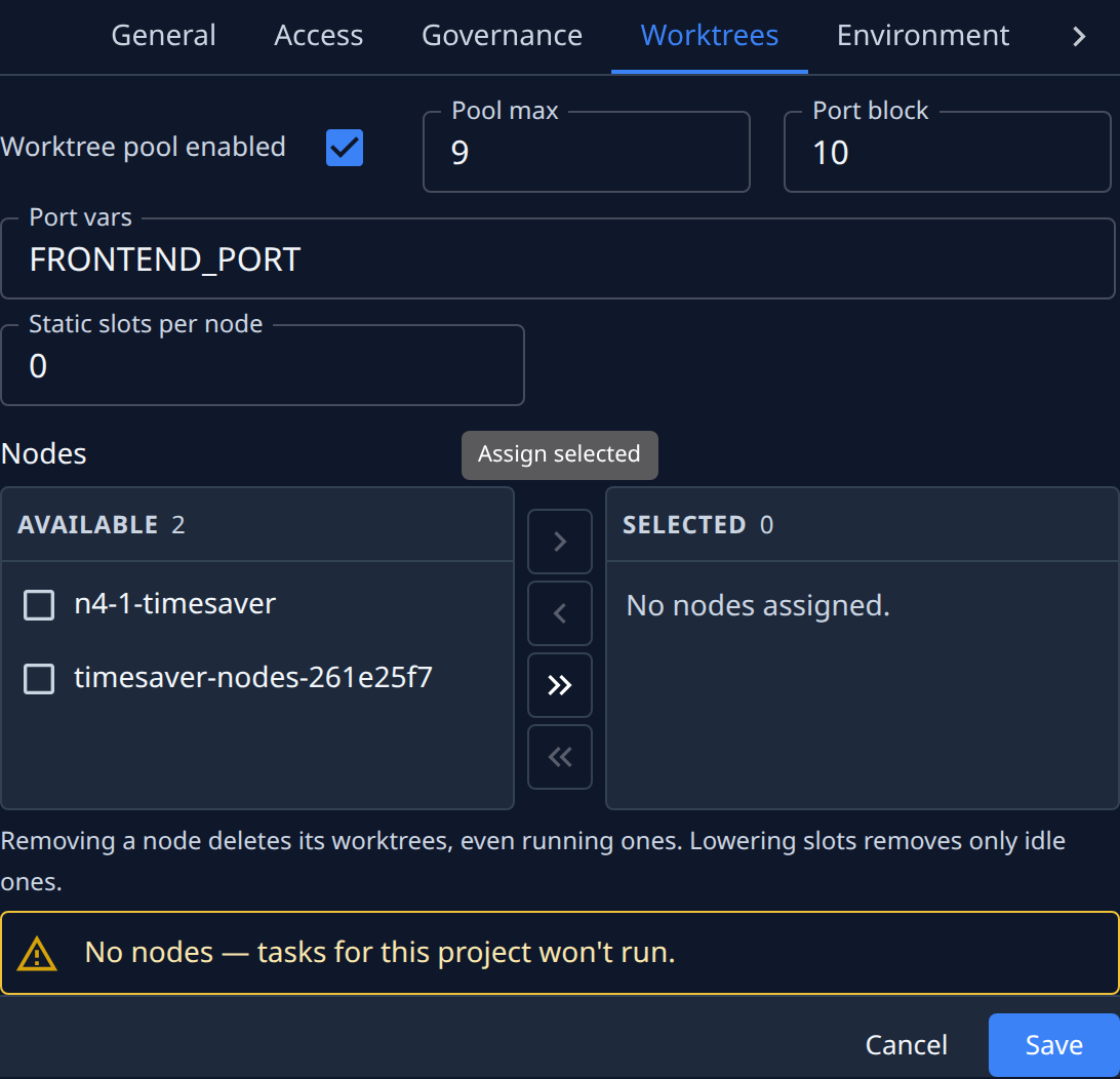 The Worktrees tab: pool settings, Port vars, Static slots per node and the Nodes picker
